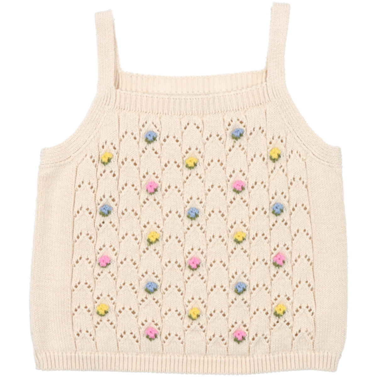 Canea Top from The New Society is a crop-style knit piece, featuring a delicate structured design with subtle flower details.