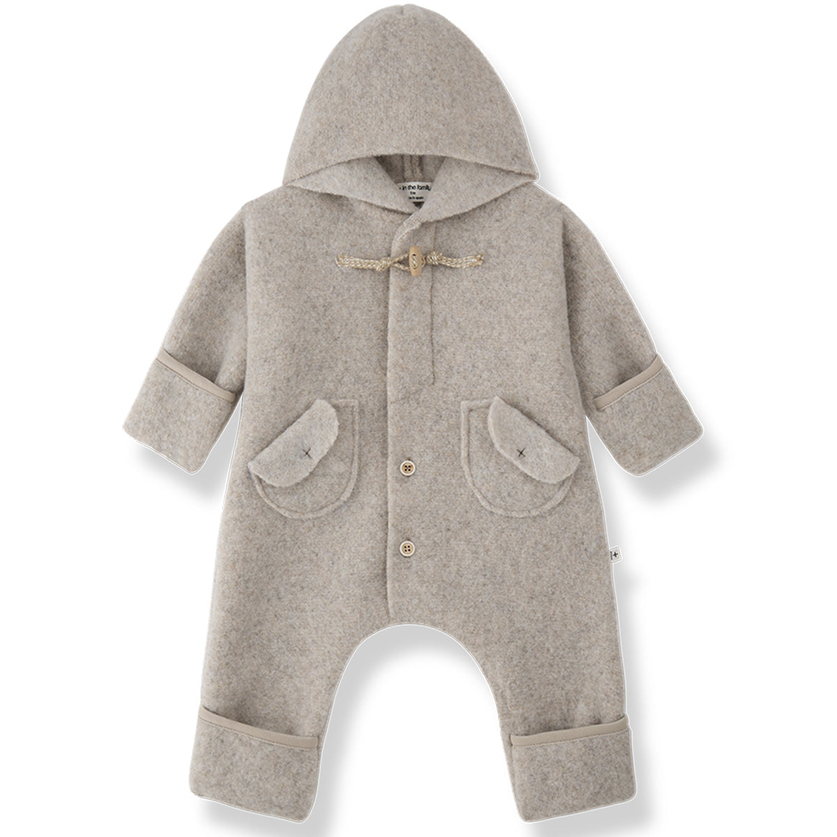 1+ in the Family The Cannes Polar Suit in beige wool with hood, toggle closures and pockets