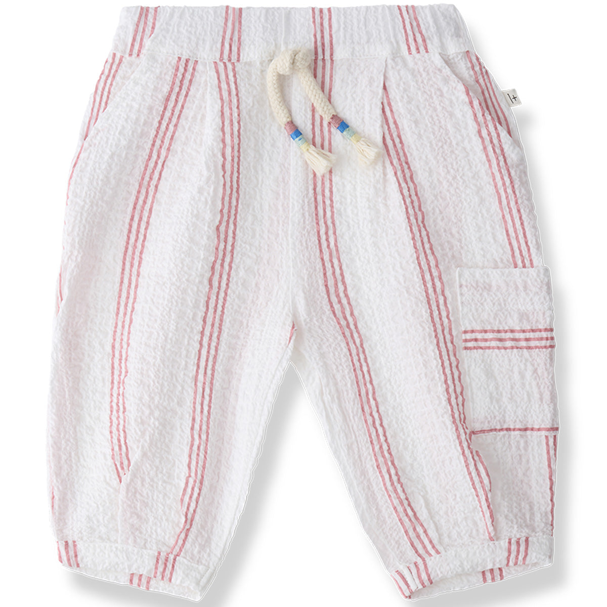 The Capras Pants from 1+ in the Family with strawberry stripes, elastic waistband, braided drawstring, and side pocket.