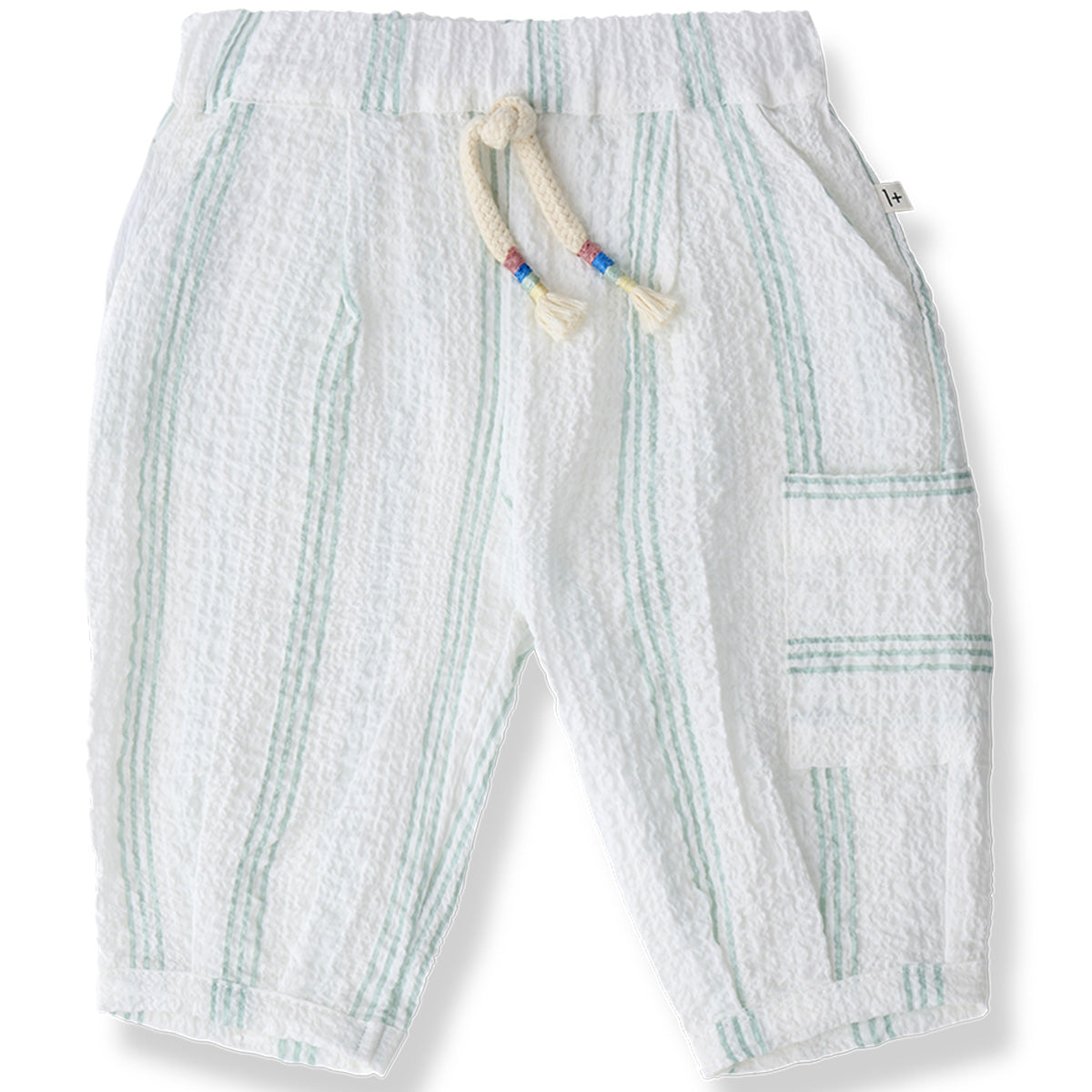 The Capras Pants from 1+ in the Family with soft green stripes, elastic waistband, braided drawstring, and side pocket.