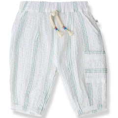 The Capras Pants from 1+ in the Family with soft green stripes, elastic waistband, braided drawstring, and side pocket.