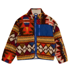 The Carlos Jacket from The New Society. Colorful patterned jacket with a blue zipper on a white background.
