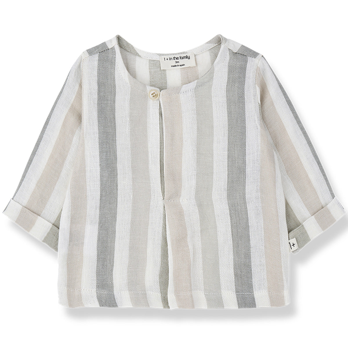 The Casavells Shirt from 1+ in the Family with beige and off-white vertical stripes and a single-button neckline.