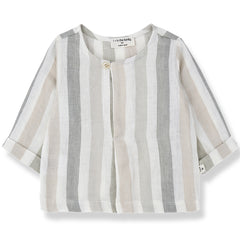 The Casavells Shirt from 1+ in the Family with beige and off-white vertical stripes and a single-button neckline.