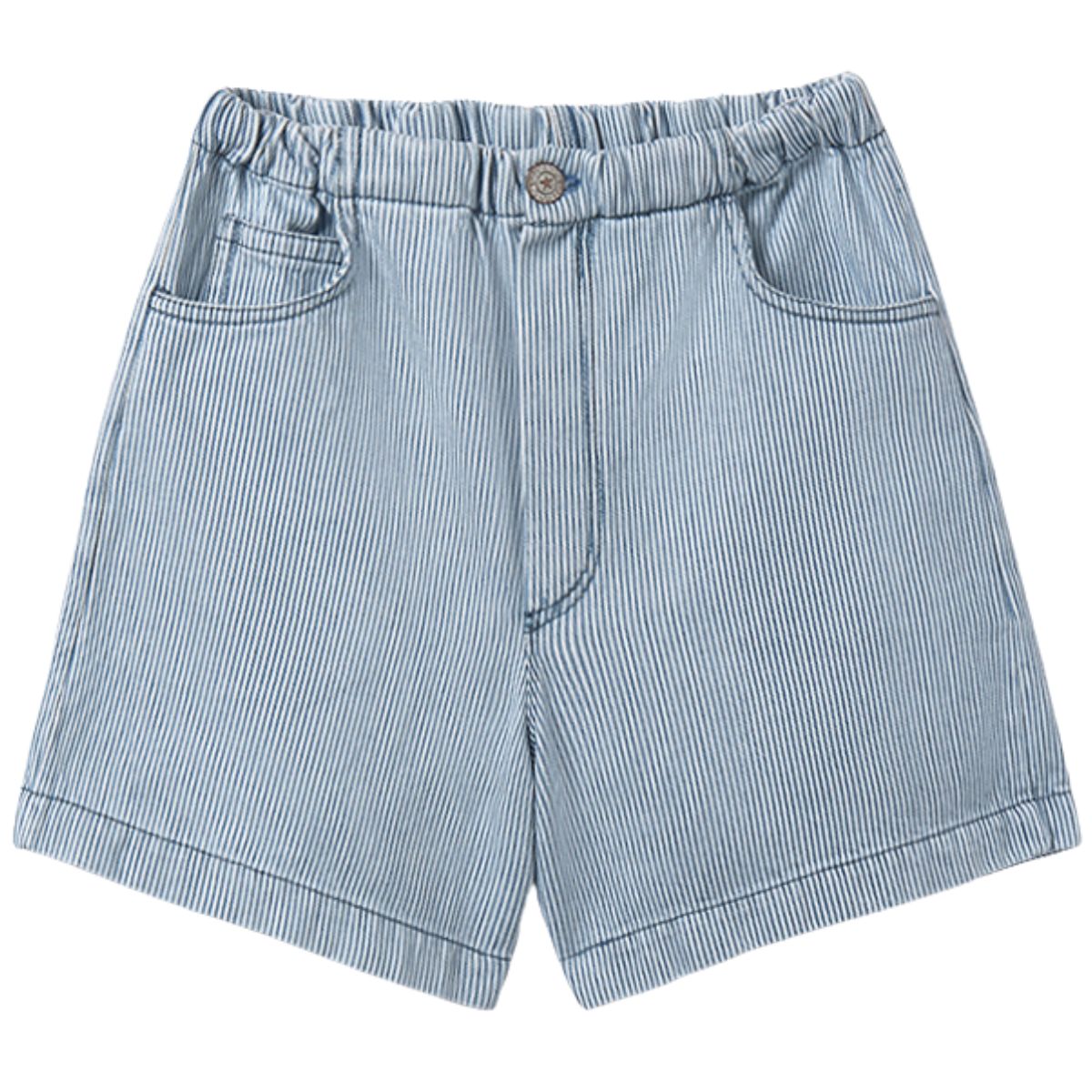 Blue striped denim shorts by Cozmo with elastic waist, button closure, and pockets for everyday kids wear