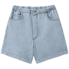 Blue striped denim shorts by Cozmo with elastic waist, button closure, and pockets for everyday kids wear
