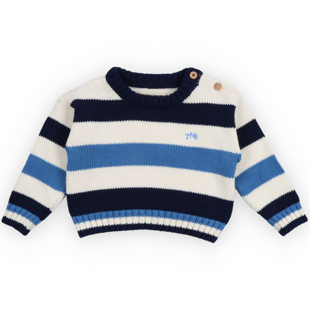 Celosia Baby Jumper from The New Society with navy, cream and blue stripes, ribbed trim and shoulder buttons
