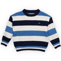 Celosia Jumper from The New Society in striped cotton knit with navy, cream, and blue bands, ribbed trims