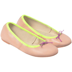 Cozmo Chasse Ballet Flats in blush leather with neon green trim and purple bow detail.