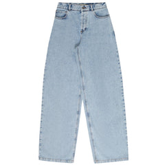 The Chios Pant from The New Society features a classic straight-leg cut with subtle denim wash details at the hem.