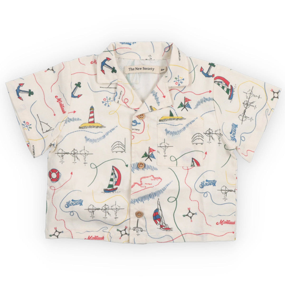 Clove Baby Shirt from The New Society with nautical print, short sleeves, button front and collar, cream background