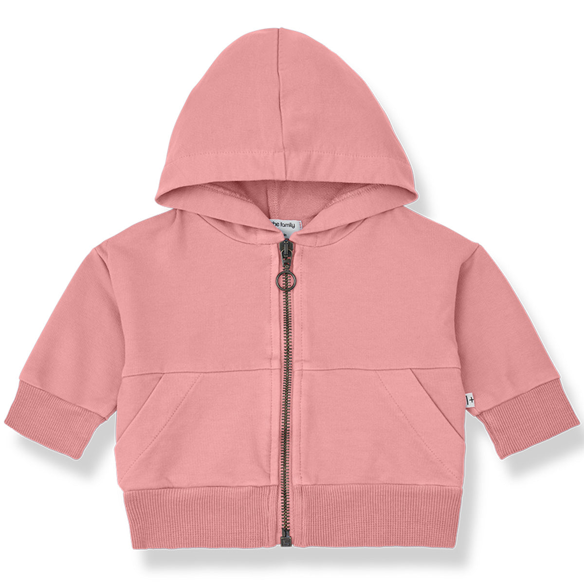 The Comarruga Hooded Jacket from 1+ in the Family with hood, front zipper, ribbed cuffs, and front pockets.