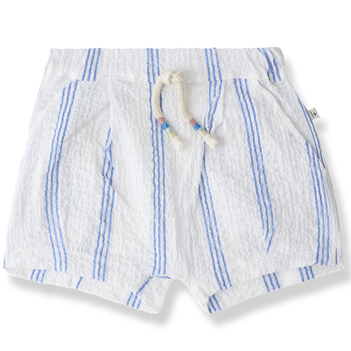 The Conca Bermuda from 1+ in the Family with ultramarine stripes, elastic waistband, and braided drawstring.