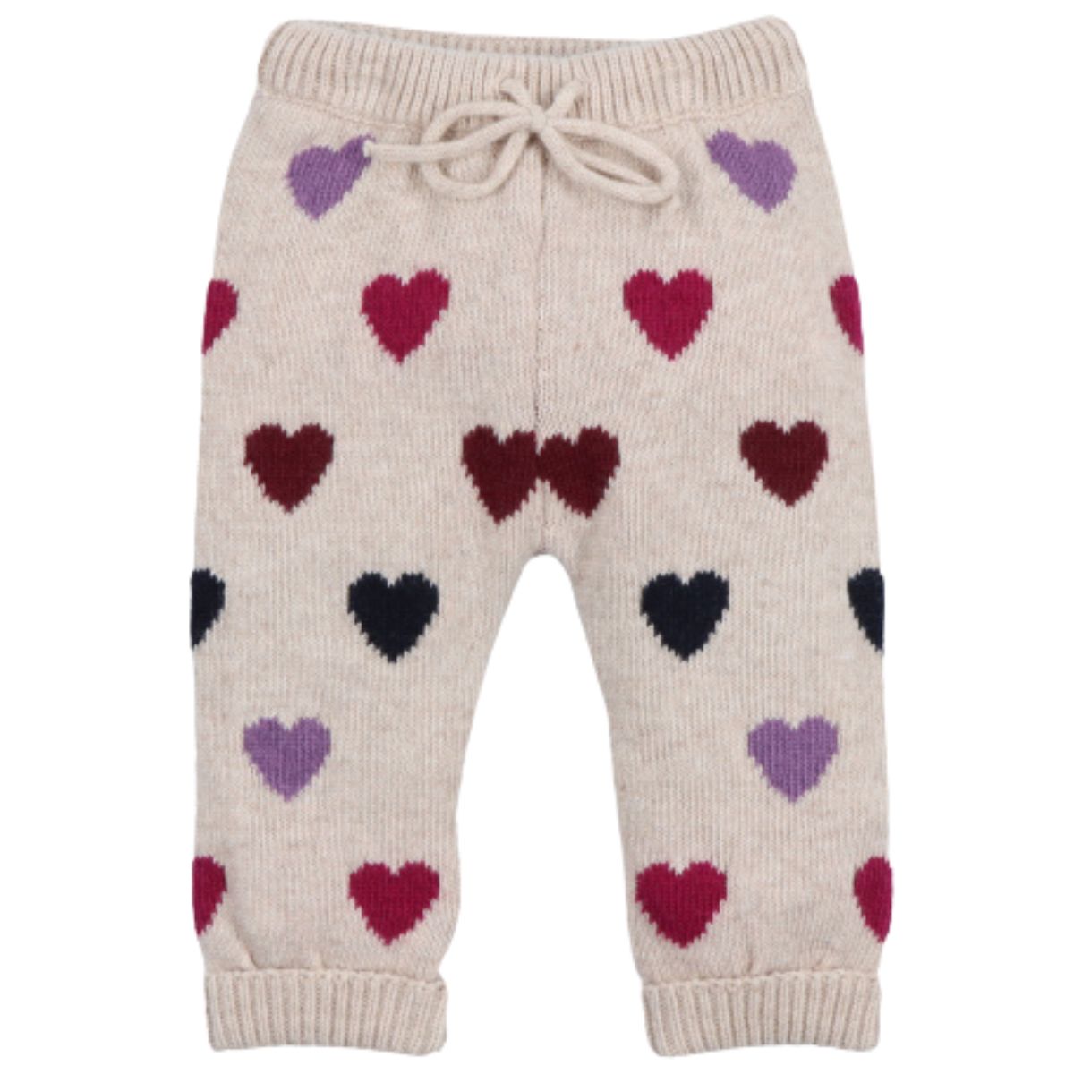 The Cora Baby Pant from The New Society. Knitted pants with multicolor heart pattern and drawstrings.