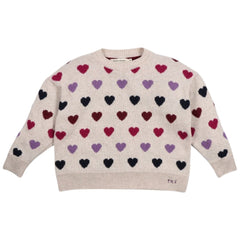 The Cora Sweater from The New Society. Beige sweater with colorful heart pattern on a white background.