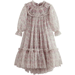 Marisol Dress by C'era Una Volta. Vintage-inspired floral dress with delicate pleats, full sleeves with ruffled cuffs, and layered ruffles