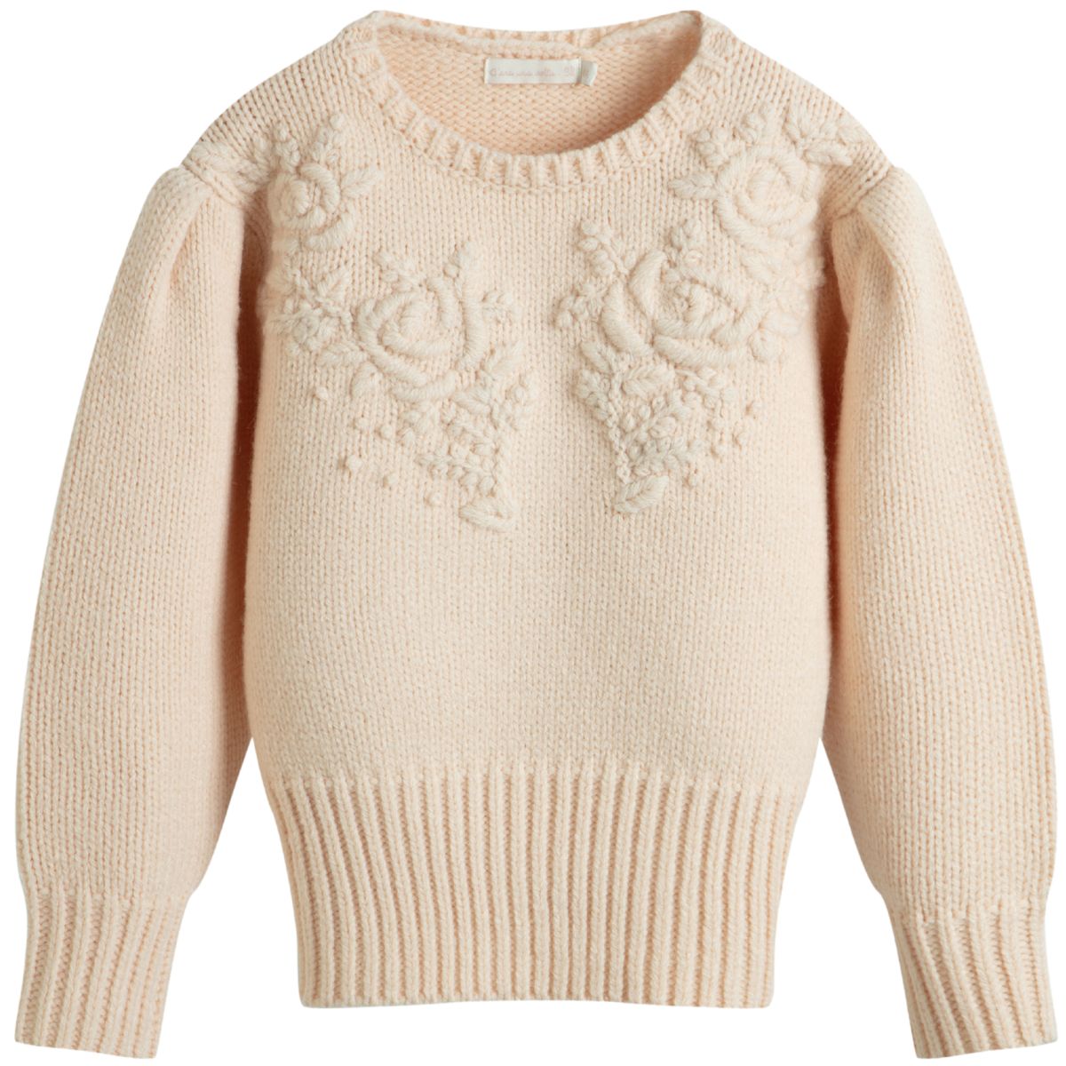Gabri Pullover by C'era Una Volta. Soft blush pink knit pullover with floral embroidery on the chest.