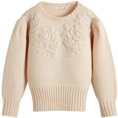 Gabri Pullover by C'era Una Volta. Soft blush pink knit pullover with floral embroidery on the chest.
