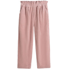Billy Pants by C'era Una Volta. Soft corduroy pants in dusty pink, and an elastic ruffled waistband.