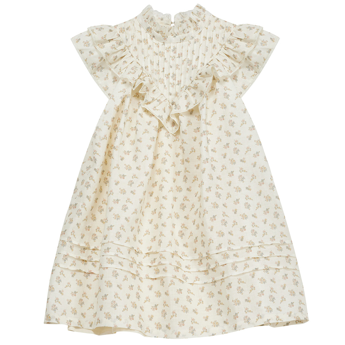 Sandra Dress from C'era Una Volta with delicate ruffle details, pintuck pleats, and a high neckline.