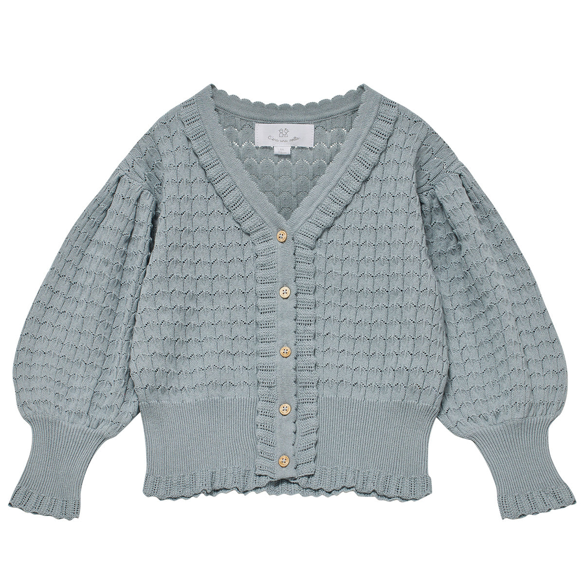 The Aude Cardigan from C'era Una Volta with puff sleeves, ruffled trim, and a button-down front.