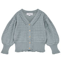 The Aude Cardigan from C'era Una Volta with puff sleeves, ruffled trim, and a button-down front.