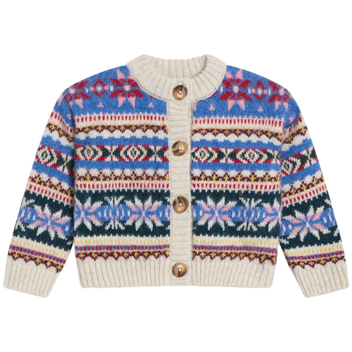The New Society Caia Cardigan kids Fair Isle knit cardigan with button front and colorful pattern
