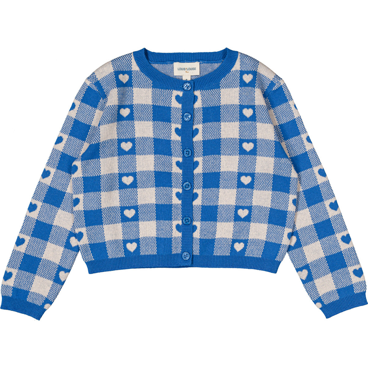 The Mayo Knitted Cotton Heart Cardigan from Louis Louise in blue gingham knit with white heart pattern.