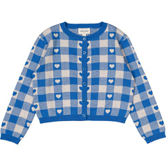 The Mayo Knitted Cotton Heart Cardigan from Louis Louise in blue gingham knit with white heart pattern.