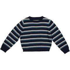 The Caroll Knitted Top from Maan. This stylish navy striped sweater showcases a mix of cool tones and cream stripes.