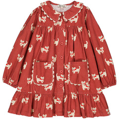 The Charlie Dress from Hello Simone with a cat print, flounced collar, balloon sleeves, and front patch pocket.
