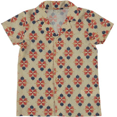 The Coast Shirt by Bebe Organic, cream short-sleeve kids shirt with coral and shell print, camp collar, and button front.