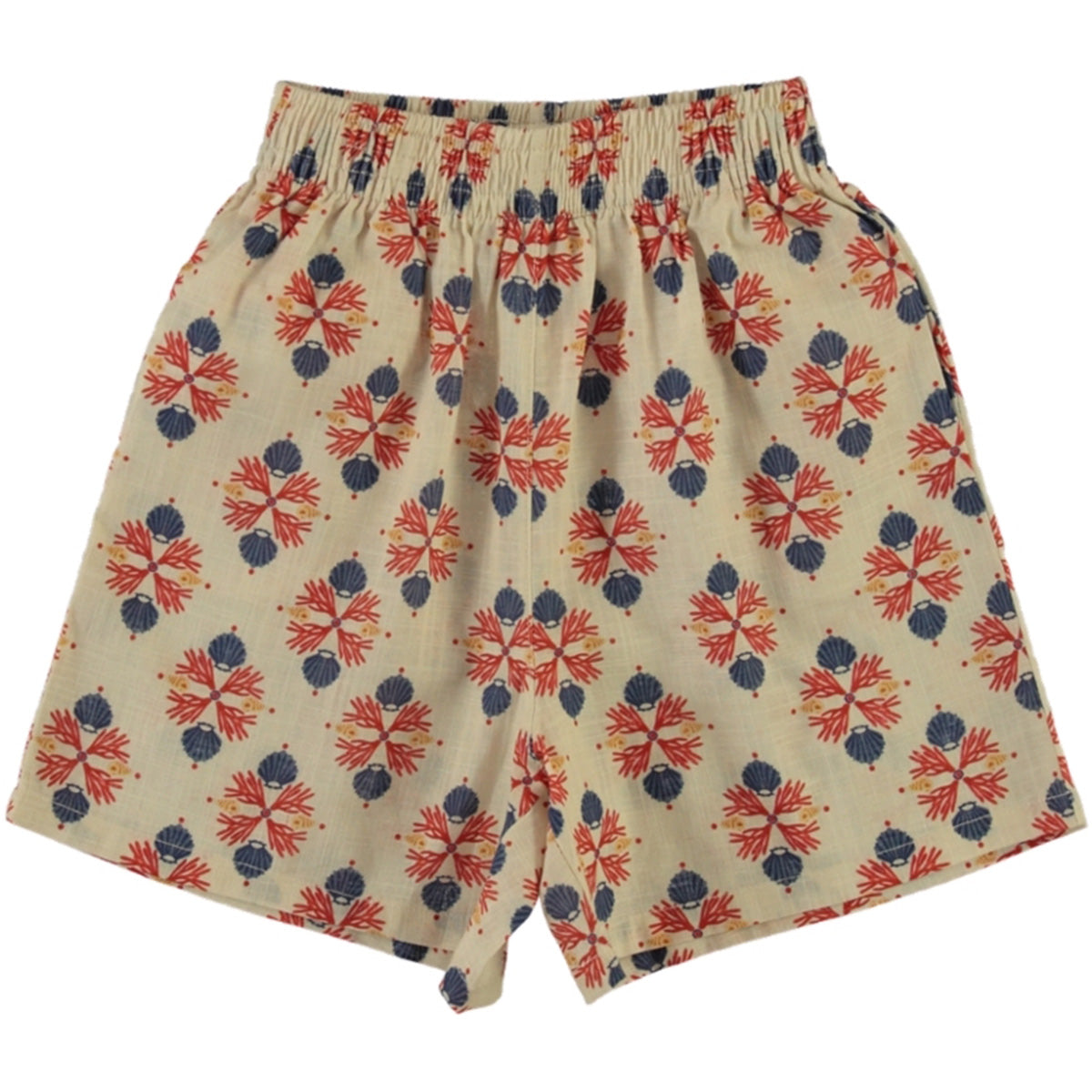 The Coast Shorts by Bebe Organic, cream kids shorts with coral and shell print, elastic waistband, and relaxed fit.