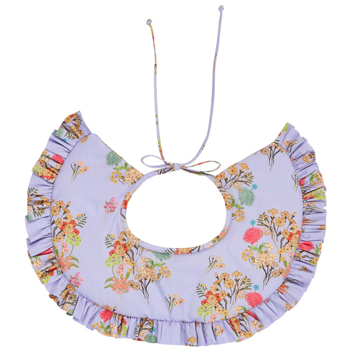 Christina Rohde lavender floral collar with ruffle edge and tie closure, multicolor flower print on soft purple base.