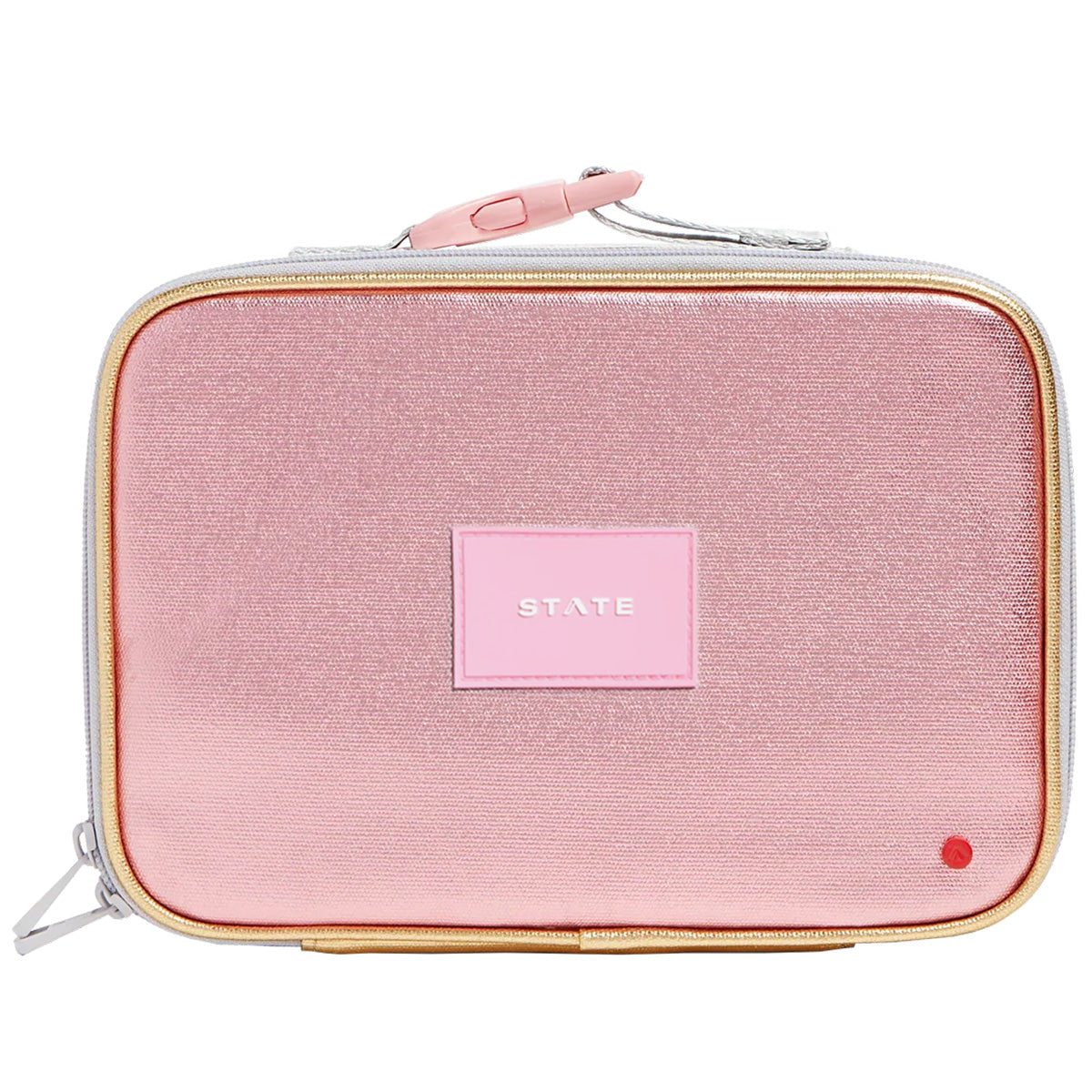 State Bags Rodgers Lunch Box in pink with textured finish, zip closure, carry handle, and STATE logo patch