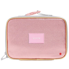 State Bags Rodgers Lunch Box in pink with textured finish, zip closure, carry handle, and STATE logo patch