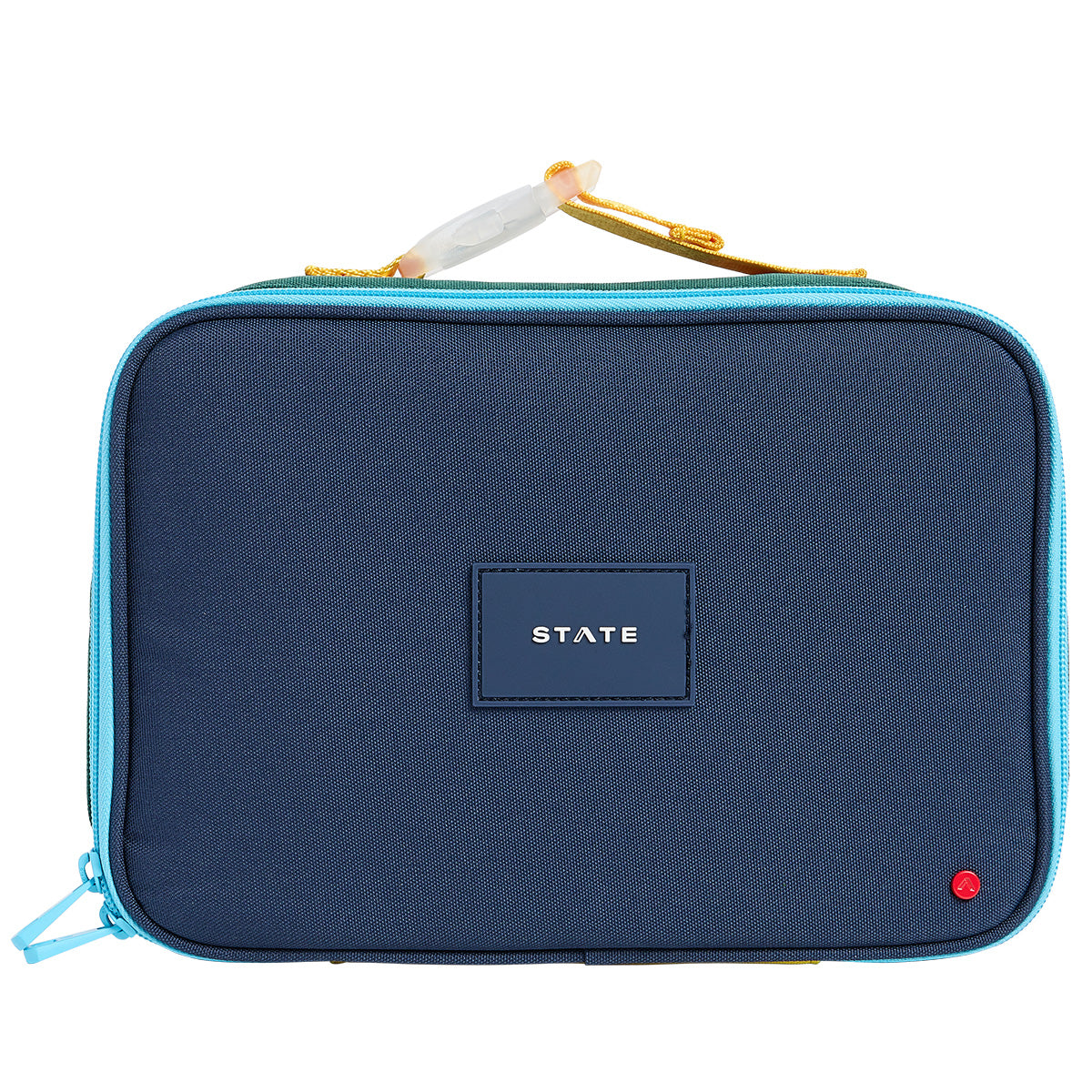 State Bags Rodgers Lunch Box in navy with light blue trim, zip closure, top handle, and logo patch