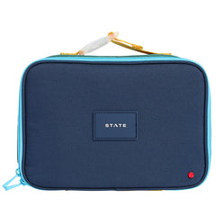 State Bags Rodgers Lunch Box in navy with light blue trim, zip closure, top handle, and logo patch
