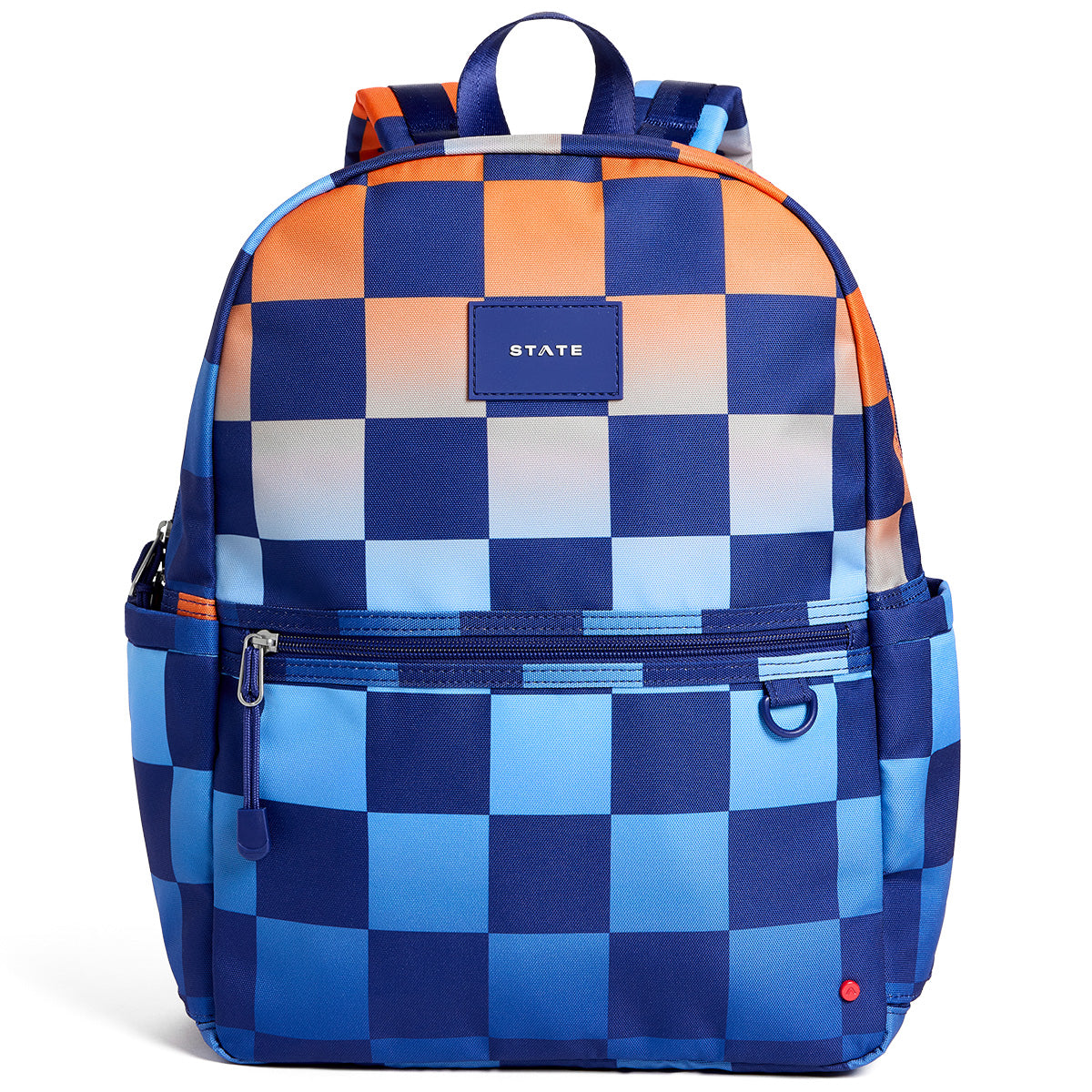 State Bags Kane Backpack with blue, orange, and white checkerboard print, front zip pocket, and logo patch