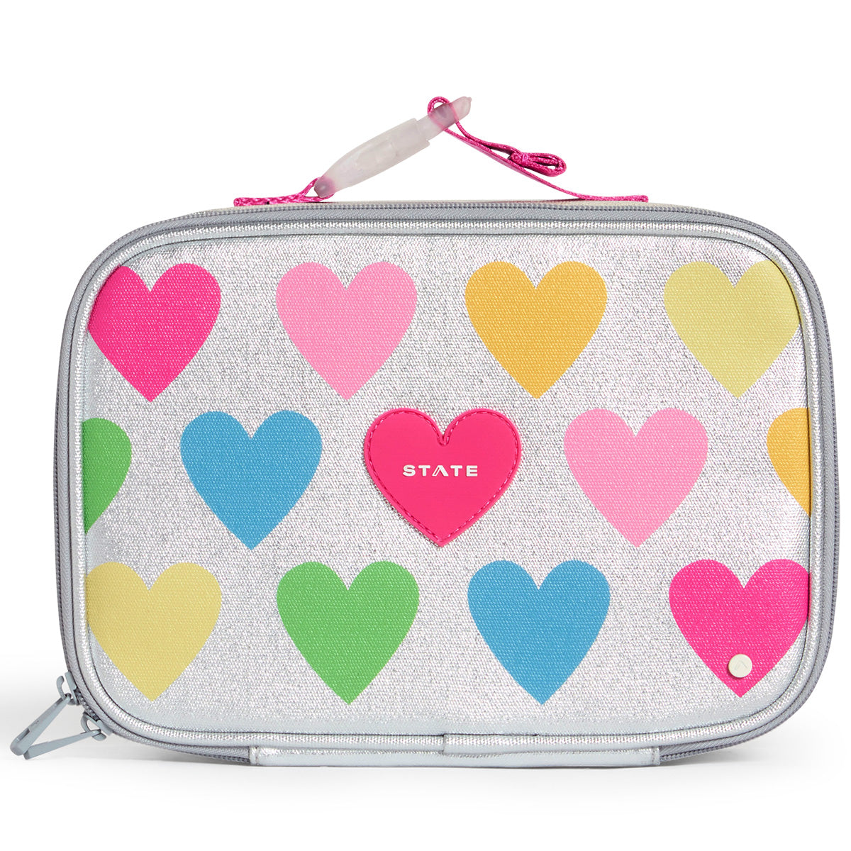 State Bags Rodgers Lunch Box in silver glitter with colorful heart print, zip closure, and STATE logo patch