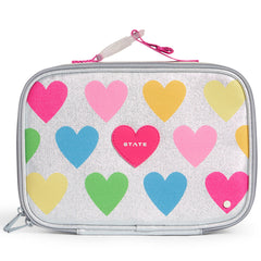 State Bags Rodgers Lunch Box in silver glitter with colorful heart print, zip closure, and STATE logo patch