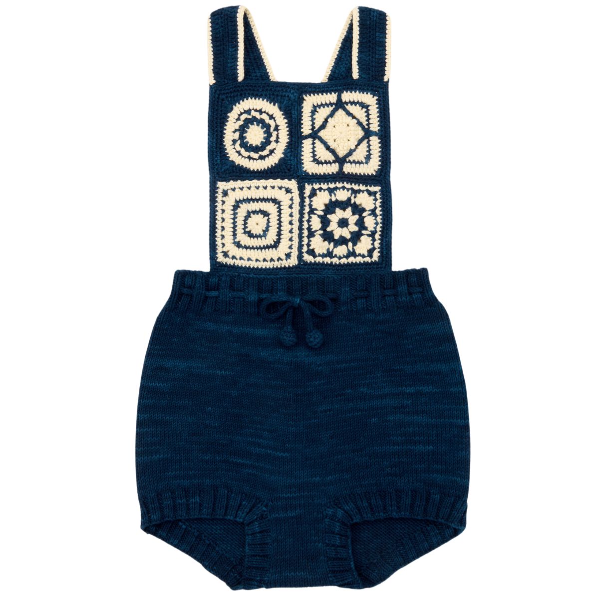 The Crochet Afghan Romper from Misha & Puff. A romper in Pima cotton, featuring hand-crocheted afghan-inspired design.