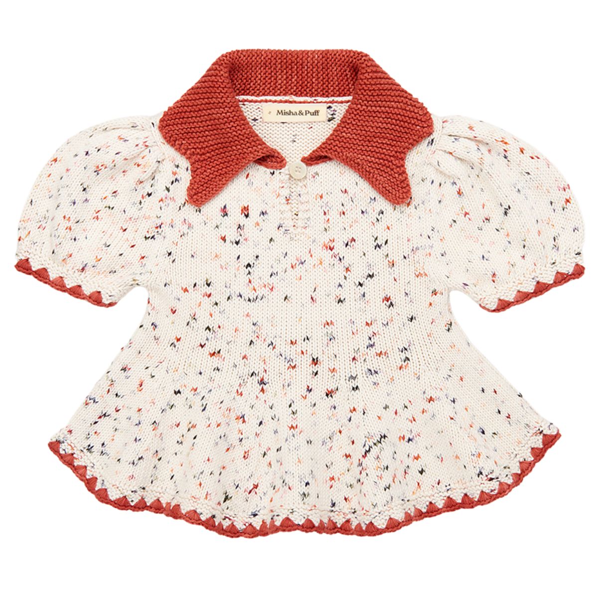 Crochet Trim Puff Top by Misha & Puff. A puff-sleeve top in Pima cotton, featuring a peplum shape, contrast crochet trim and hem.