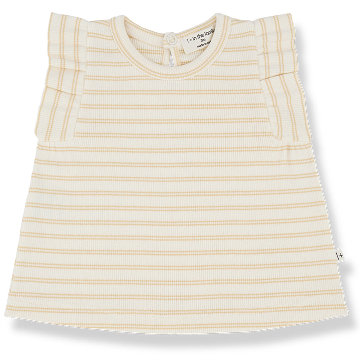 The Dafne Blouse from 1+ in the Family. Sleeveless ribbed top with delicate ruffle details on the shoulders.