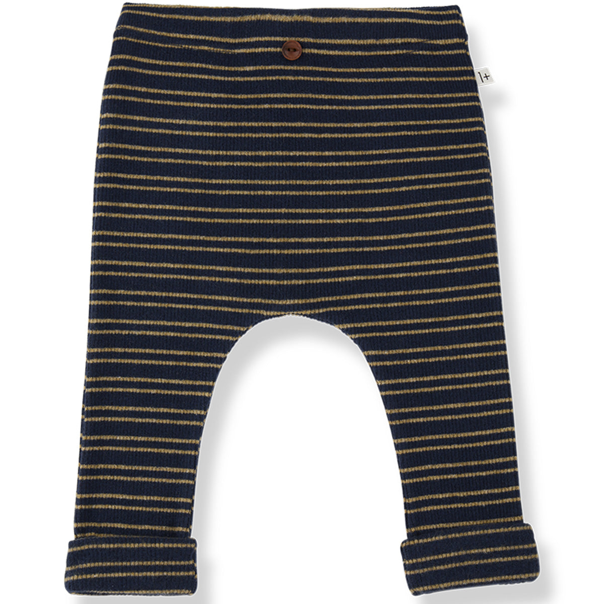 1+ in the Family The Devon Leggings in navy striped knit with button waistband and rolled cuffs