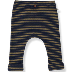 1+ in the Family The Devon Leggings in navy striped knit with button waistband and rolled cuffs