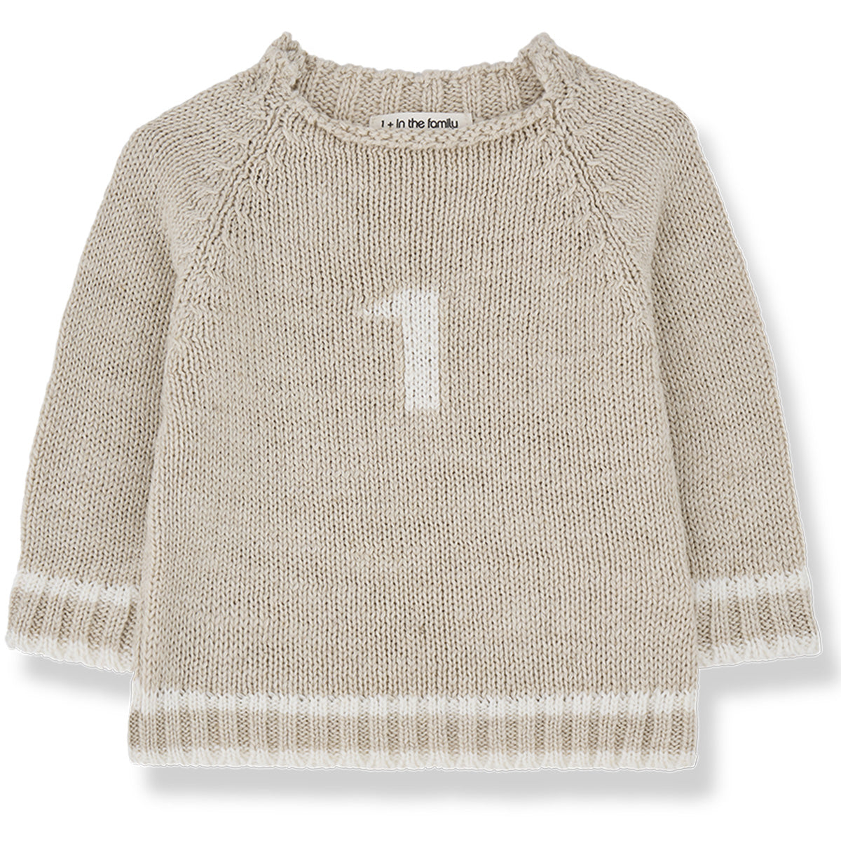 The Didac Sweater from 1+ in the Family. A cozy beige knit with a subtle "1" detail, ribbed cuffs, and hem.