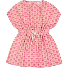 The Abbie Sponge Heart Dress from Louis Louise. Round neck, short, elasticated waist, tightened with a tie.