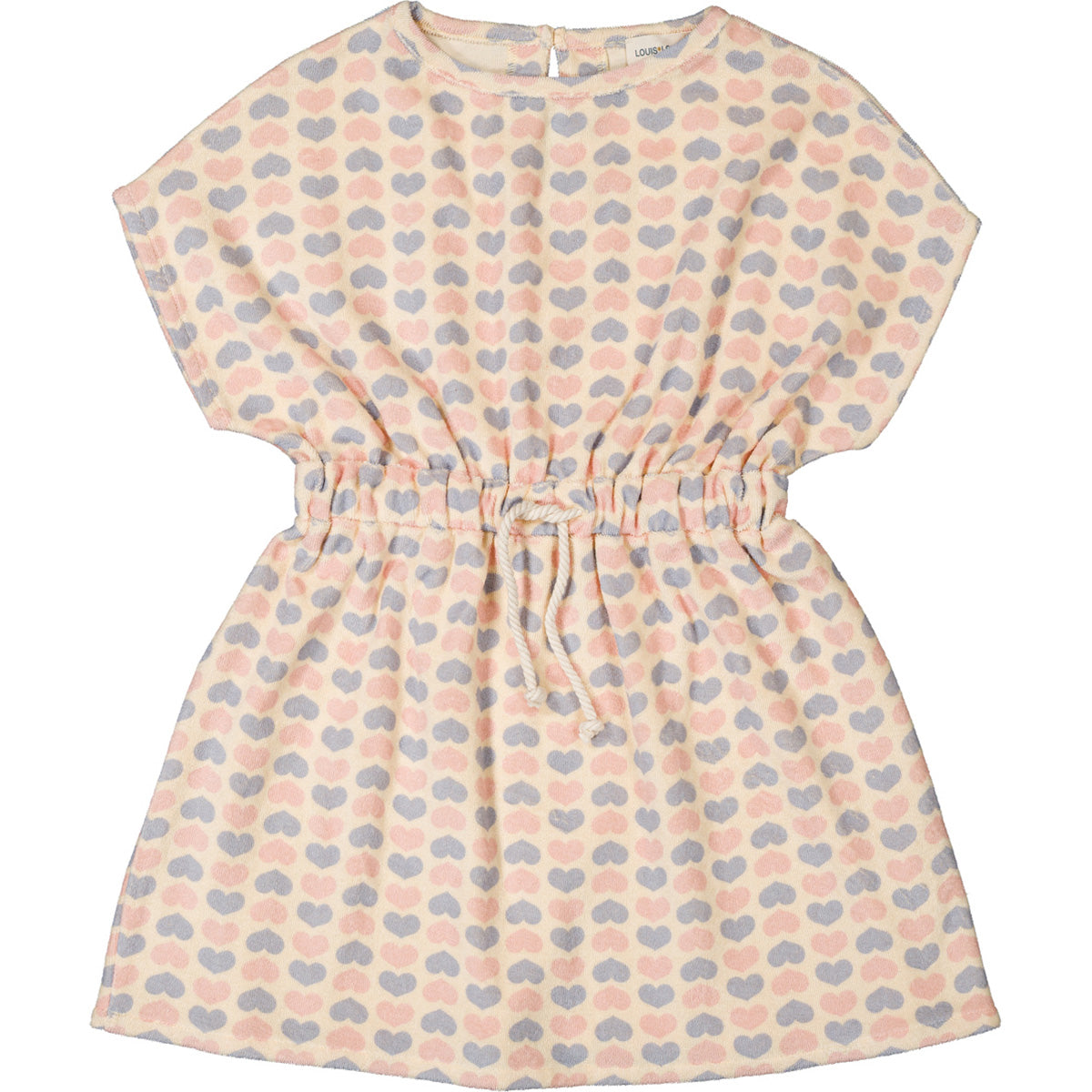 The Abbie Terry Heart Dress from Louis Louise with pastel heart print and gathered waist detail.