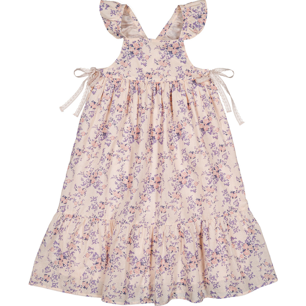 The Caitlyn Cotton Bouquet Dress from Louis Louise with floral print, ruffled straps and ribbon ties.